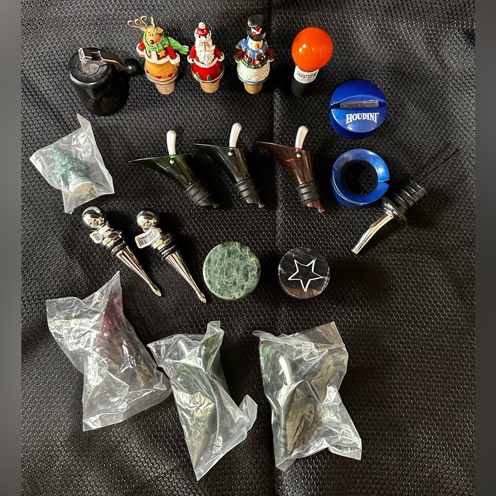 Bar Accessories Lot of 19 Pieces Bottle Stoppers, Foil Cutters, Pour Tops, etc.